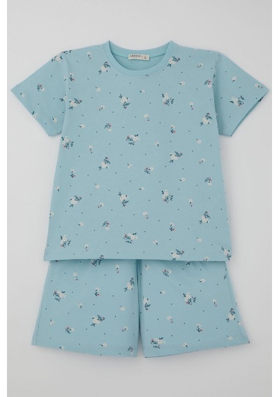 Breeze Kız Çocuk Şortlu Pijama Takımı Çiçek Desenli 4-8 Yaş, Açık Mavi
