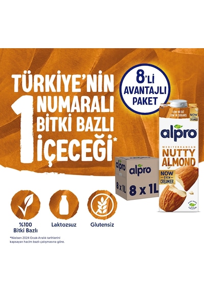 Alpro Badem Sütü 8x1 L Vegan Laktozsuz Bitkisel Bazlı