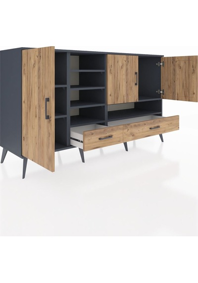 Kronos Konsol 8 Raflı 2 Çekmeceli 3 Kapaklı 176x59x99 Antrasit-ça Antrasit-çam