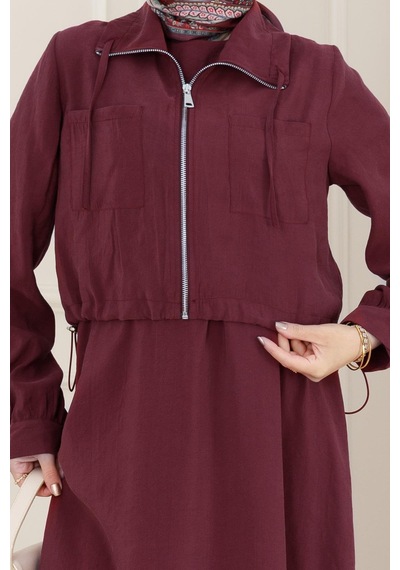 Sevitli Cep Detaylı Cepkenli Ela Elbise-bordo-5078