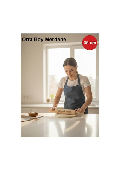 Orta Boy Merdane Ve Hamur Cevirme Spatula 2 Li Ahşap Hazırlık Seti Merdane & Spatula
