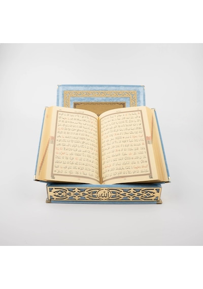 Raşel Kutulu Hediyelik Kuran-ı Kerim Orta Boy, Bebe Mavi, Elif-vav Gold Pleksi