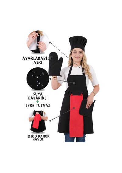 Star Ayar Askılı 5li Mutfak Önlüğü Seti Ayar Askılı Havlulu Önlük, Şapka, Eldiven, Tutacak Siyah-kırmızı-siyah