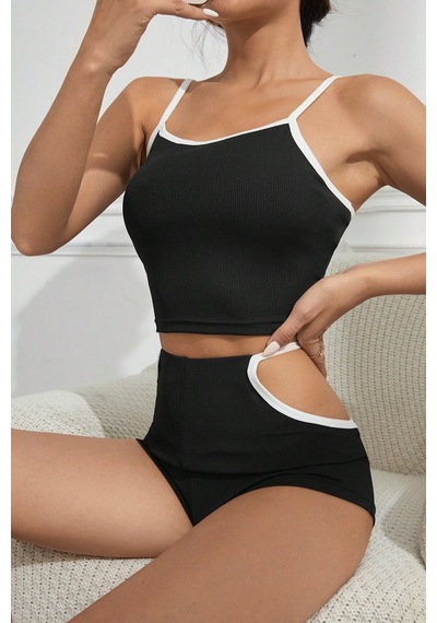 Epilons Zenviaatt2 Kadın Siyah Beyaz Şortlu Cut-out Detaylı Gecelik Takımı Zenvi312