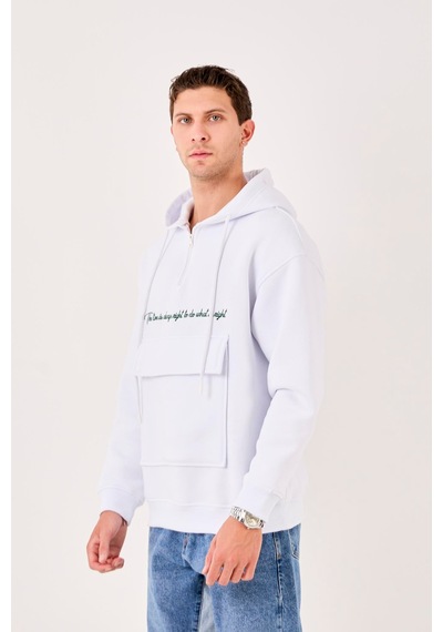 X-4005 Kapüşonlu Yarım Fermuarlı Sweat Beyaz