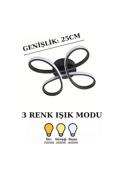 Papatya 4'lü Siyah Renk Plafonyer, Üç Renk Işıklı Modern, Ledli, Salon, Hol, Mutfak Avize
