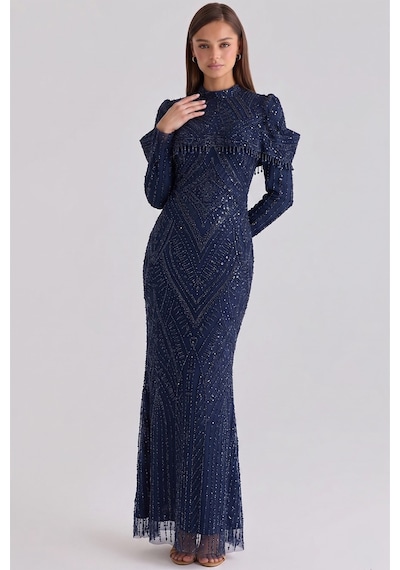 Olcay İnci Ve Pul Desenli Exclusive Tesettür Abiye Elbise Lacivert 1090