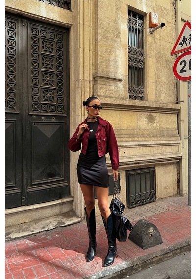 Bordo Çift Cep Denim Crop Ceket Bcdf-255419 Çok Renkli