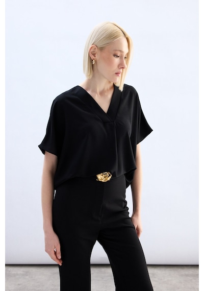 Sateen Geniş Kısa Kollu Bluz - Siyah-136758 Siyah