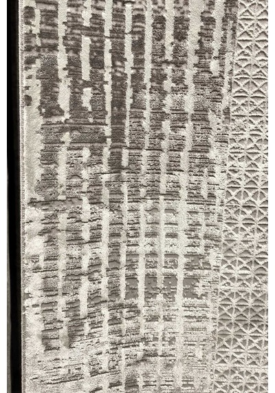 Parlak Saten Dokulu Poem Bambu Tuşe Klasik Çerçeve Desenli Halı Pm08 Beyaz Açık Gri