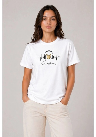 Kadın Müzik Temalı Baskılı Tişört Bisiklet Yaka Kısa Kol T-shirt - Beyaz