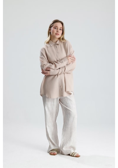 Manche Yıkamalı %100 Pamuk Müslin Oversize Gömlek - Bej Mks165030-01