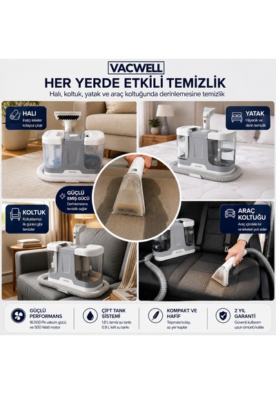 Vacwell Hidro Mini Koltuk Ve Halı Yıkama Makinesi 500 Watt 16 Kpa 3 Başlıklı