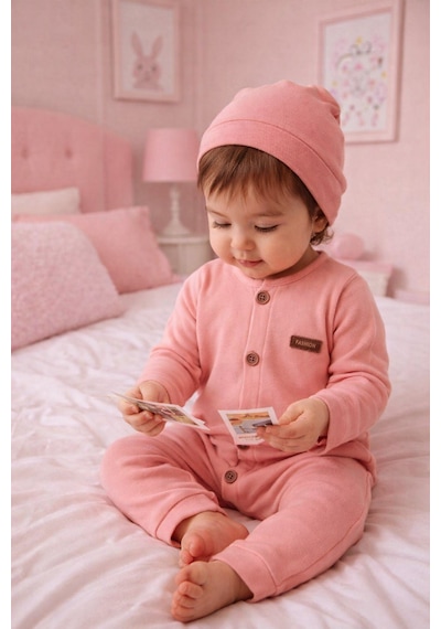 Babyhola Kız Erkek Bebek Tulum Bere Takım Pamuk Önden Düğmeli İnterlok 23630 Gül Kurusu