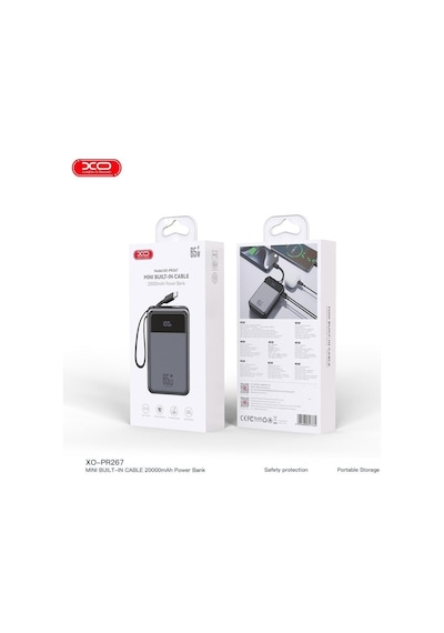 20000mah 65w Hızlı Şarj Destekli Dijital Ekranlı Dahili Kablolu Type-c Powerbank Beyaz