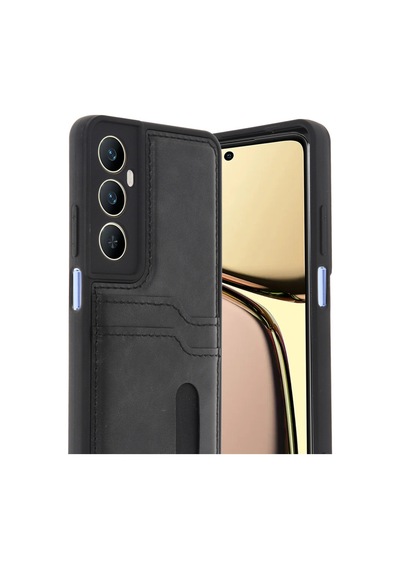 Realme C65 Uyumlu Deri Kartvizitli Kartlıklı Premium Telefon Kılıfı Kapak Siyah