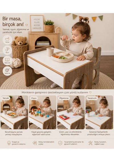 Montessori Çocuk Oyun, Aktivite,çalışma Masa Ve Sandalyesi 1-5 Yaş Uyumlu Beyaz - Safir Meşe