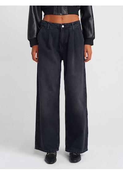 Dilvin 71733 Pileli Geniş Denim Pantolon Siyah