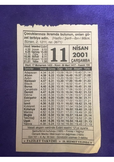 11 Nisan 2001 Takvim Yaprağı - Nostalji Koleksiyonluk Takvim Yaprağı