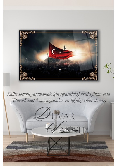 Dalgalanan Türk Bayrağı Ve Cami Cam Tablo , Modern Ev Ofis Salon Duvar Dekoru Büyük Tablo ,hediyelik