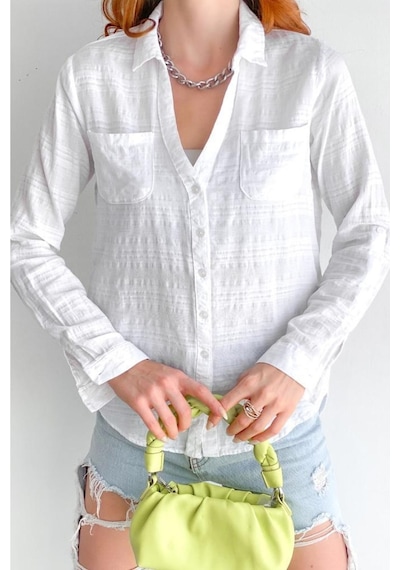 Femelle Kadın Beyaz Çift Cepli Pamuk Basic Gömlek Slim Fit Kalıp