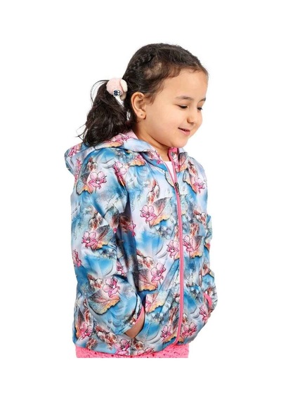 Bebegen Kız Çocuk Mavi Pembe Çiçek Desenli İçi Polar Yağmurluk Çok Renkli