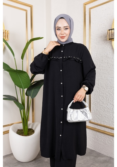 Nevayla Moda Ayrobin Kumaş İnci Detaylı Takım / T112 - Siyah Siyah