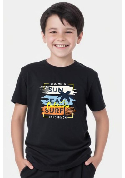 Panios Kids California Sun Baskılı Erkek Çocuk Kısa Kollu Yuvarlak Yaka T-shirt Siyah