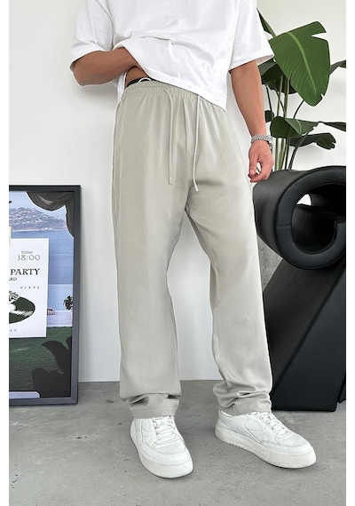 Gri Tensel Kumaş Basic Baggy Pantolon Gri