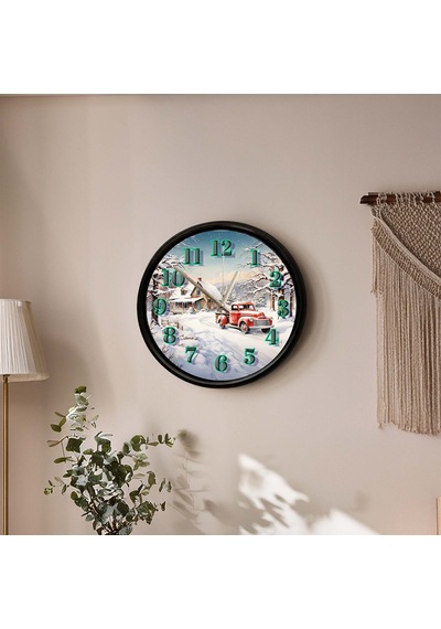 Karlı Köy Ve Kırmızı Klasik Kamyon Tasarımlı Dekoratif Duvar Saati 28 Cm Sessiz Mekanizma Çok Renkli