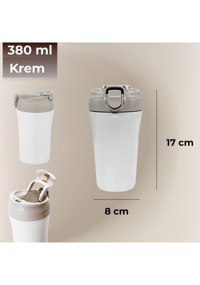 Paslanmaz Çelik Bardak Mug Termos 380 Ml Çift Katmanlı, Sızdırmaz Kapaklı-283 Krem