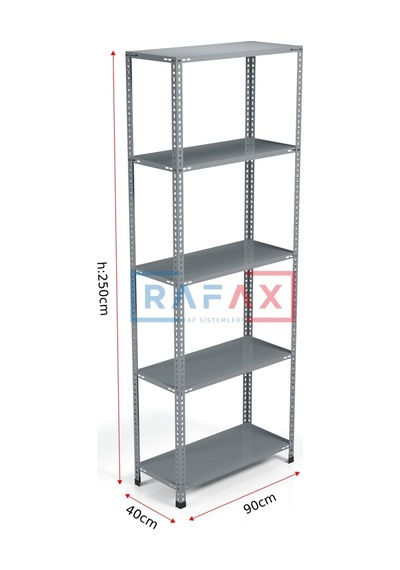 Rafax, 40x90xH:250, 5 Raflı Çelik Raf, Depo Rafı, Arşiv Rafı Gri