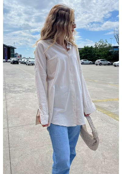 Madmext Bej Oversize Basic Cepli Poplin Gömlek Mg1530 Bej