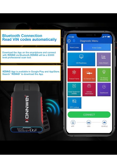 Konnwei Profesyonel Mini Bluetooth Tarayıcı Cihaz İos/android Kdıag App