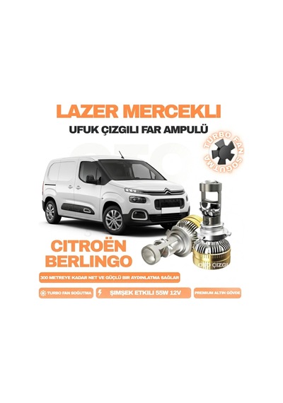 Citroën Berlingo 2008 - 2024 Kısa Far Uyumlu Mercek Led Ufuk Çizgili Far Ampulü Led Şimşek Etkili