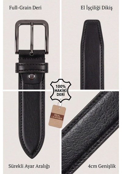 Vigor - %100 Hakiki Deri Dikiş Detaylı Erkek Kemer 4 Cm En Siyah