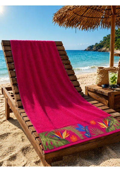 Pembe Plaj Havlusu %100 Pamuk Sertifikalı Tropik Desenli Havuz Havlusu Üstün Emici 75x150cm