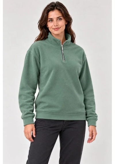 Butik İstanbul Polar Dik Yaka Yarım Fermuarlı Uzun Kollu Regular Fit Kışlık Sweatshirt - Mint Yeşili