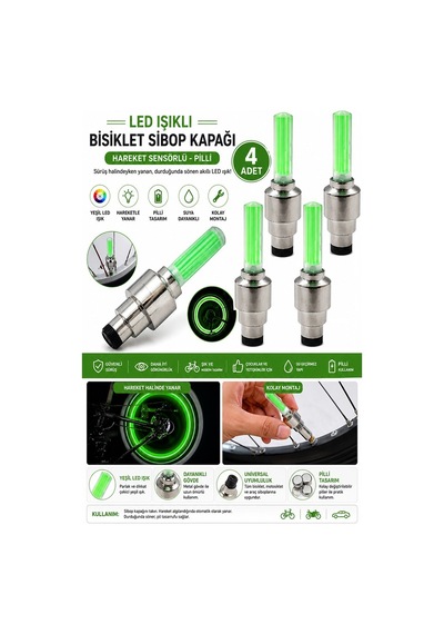 Işıklı Sibop Kapağı 4 Lü 1 Paket Fotosel Haraket Sensörlü Led Işık Bisiklet Araba Motor Tekerlek Lastik Yeşil