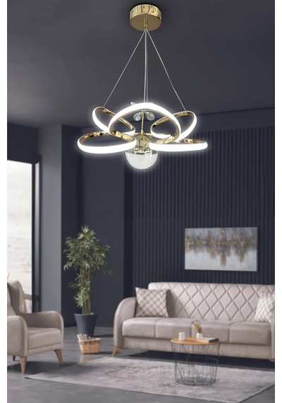 Kral Tacı Model Tek Toplu Led Avize - 3 Renk Kumandalı - Gold Gold