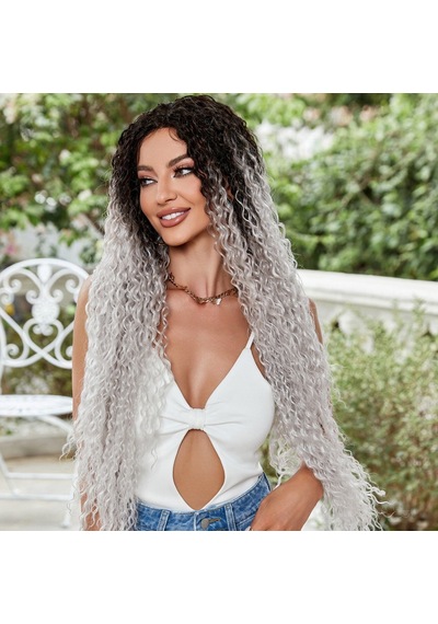 Afro Dalga Fiber Sentetik Tül Peruk - Siyah / Gri Ombreli Çok Renkli