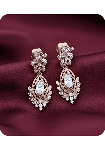 Vip Seri Küpe Xuping Çiçekli Telkari Tasarım Taşlı Rose Altın Kaplama 2,5cm Rose Gold