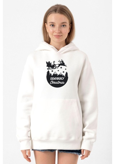 Merry Christmas Sleigh Beyaz Kadın 3ip Kapşonlu Sweatshirt Beyaz