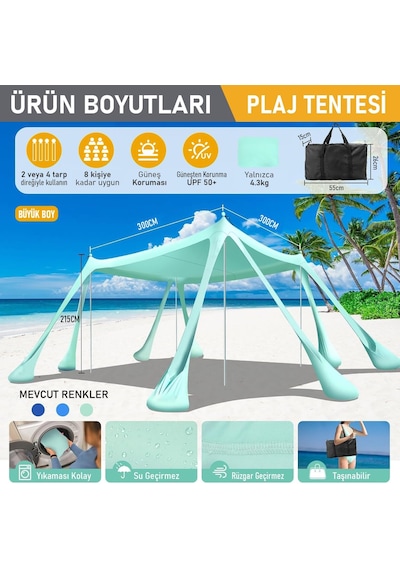 Plaj Gölgelik Tente Deniz Çadırı, Sahil Plaj Gölgeliği Kanopy, Upf50 Güneş Koruma, Açık Hava Deniz Şemsiyesi Genel