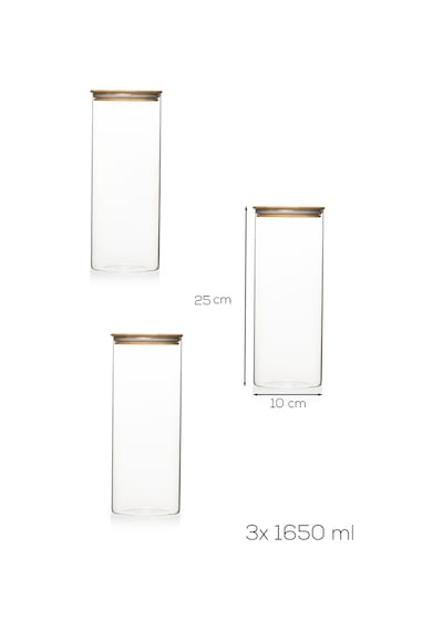 Porsima 3-3 Bambu Vakumlu Kapaklı Yuvarlak Borosilikat Cam 3lü Kavanoz Seti Saklama Kabı 1650ml 10x25cm Cam - Şeffaf