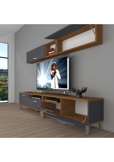 Decoraktiv Eko 5200 Mdf Krom Ayaklı Tv Ünitesi Tv Sehpası Ceviz - Antrasit