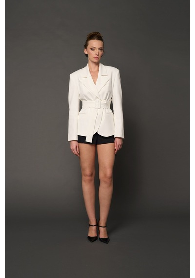 Thalure Kadın Beyaz Beli Kemer Detaylı Blazer