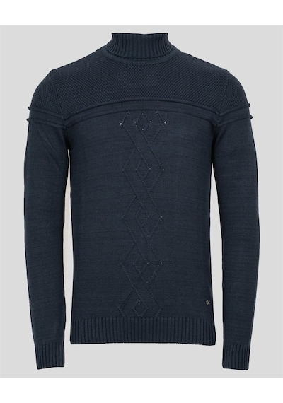 Erkek Tam Boğazlı Örgü Desenli Slim Fit Kazak Ncs Jeans 3659-Lacivert