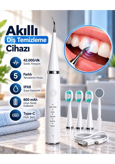 1. Taşınabilir Akıllı Diş Temizleme Cihazı Ayarlanabilir 5 Kademe Type C Şarjlı Sonic Temizleme - Lisinya