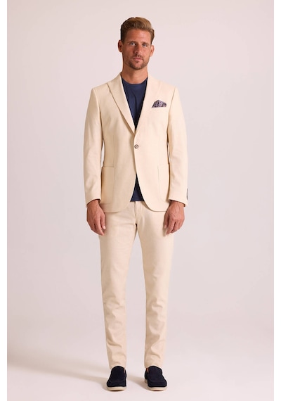 Ysf Erkek Bej Takım Elbise Keten Slim Fit Sivri Yaka Bej